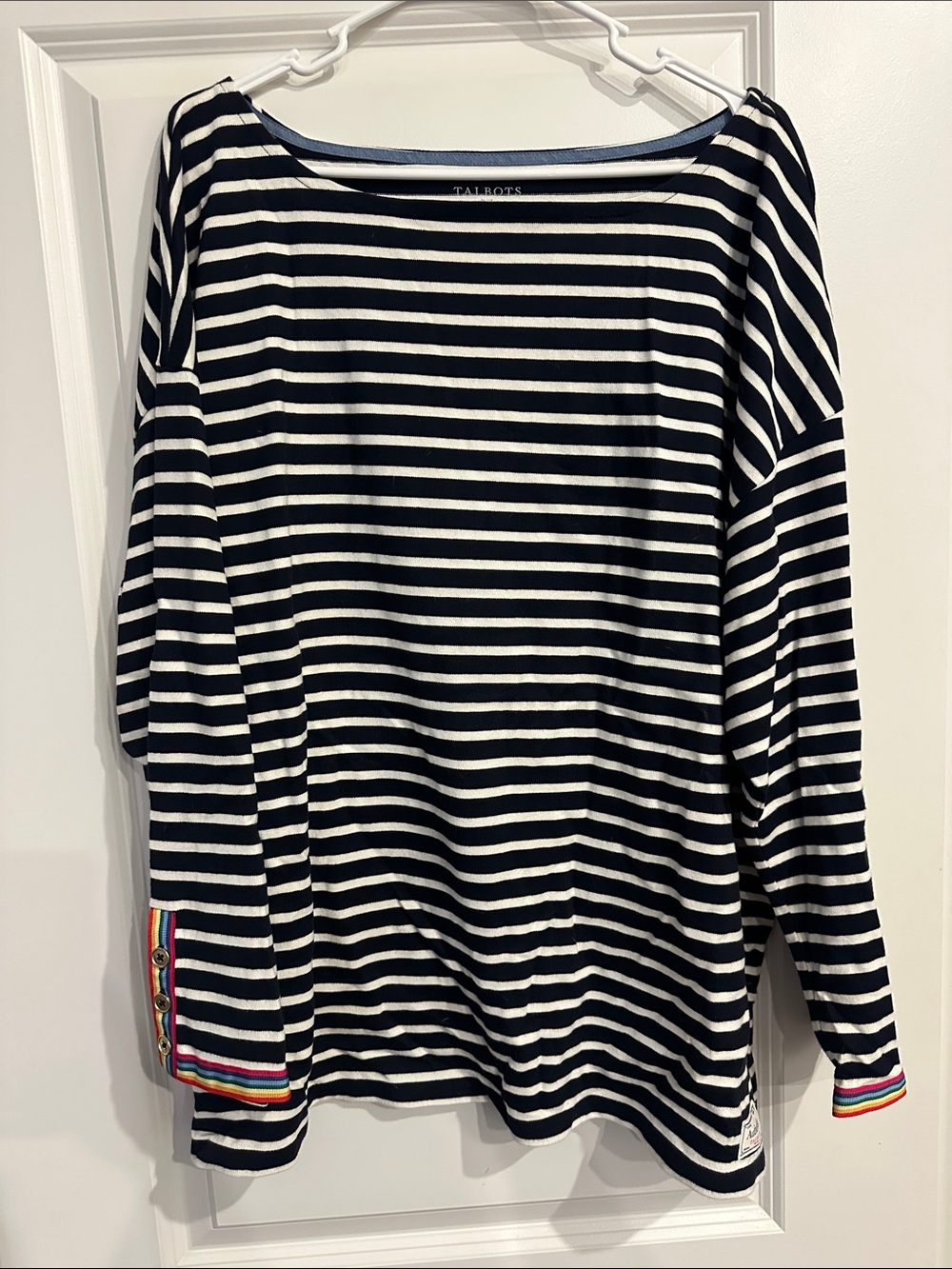 Talbots Navy and White Striped Boatneck Top with Rainbow Cuff Detail